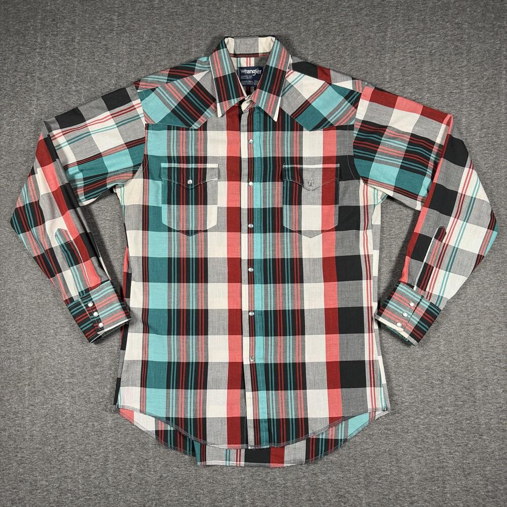 Vintage Wrangler Cowboy Cut Western Shirt 15.5 34 Pearl Snap Plaid X-Long Tails